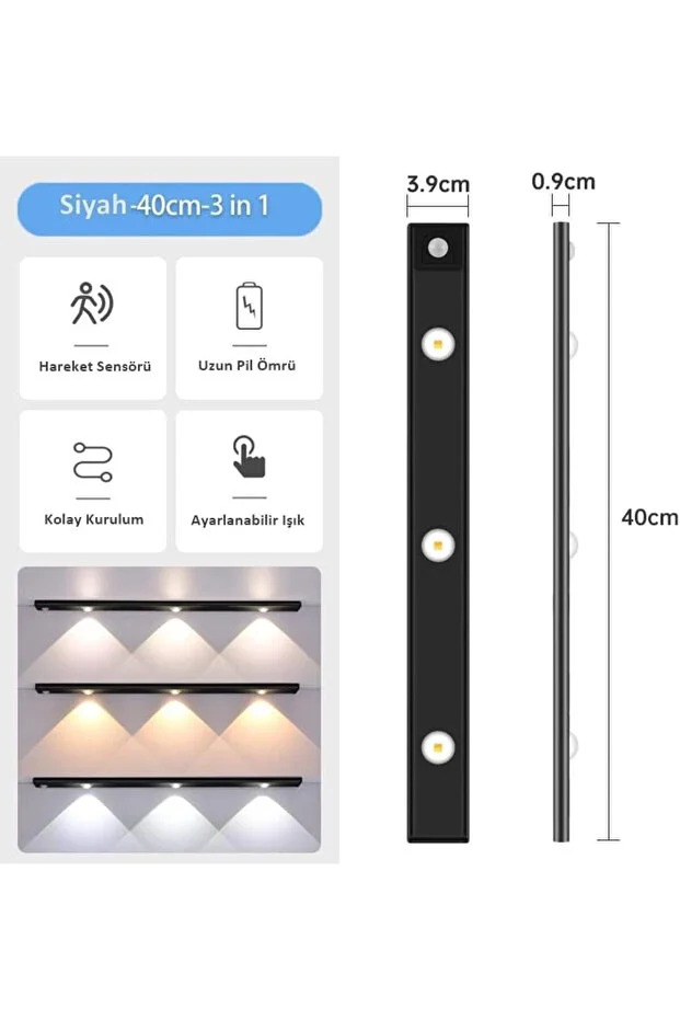 Sensörlü Şarjlı Mıknatıslı 3 Farklı Işık Renkli Dimmerli 40cm Siyah