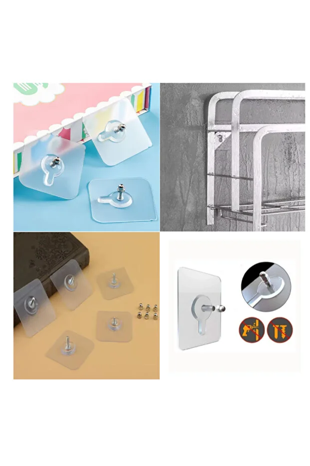 4 Adet Süper Güçlü Çerçeve Askısı Pin Delgisiz Vidalı Tırnak Kanca Yapışkanlı Raf Tutucu Askı